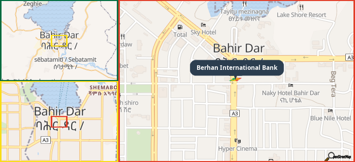 Map showing the address of Berhan International Bank in three different zoom levels.