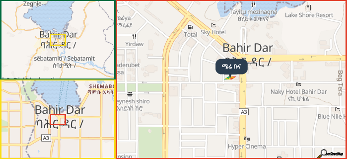 Map showing the address of ሜሬ ቡና in three different zoom levels.
