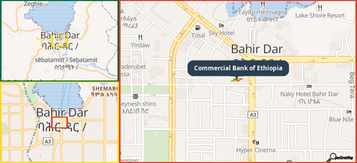 Map showing the address of Commercial Bank of Ethiopia in three different zoom levels.