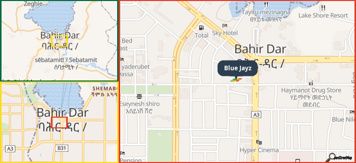 Map showing the address of Blue Jayz in three different zoom levels.