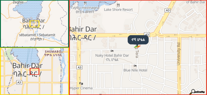 Map showing the address of ኖቫ ሆቴል in three different zoom levels.