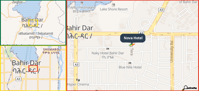 Map showing the address of Nova Hotel in three different zoom levels.