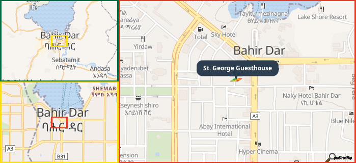 Map showing the address of St. George Guesthouse in three different zoom levels.