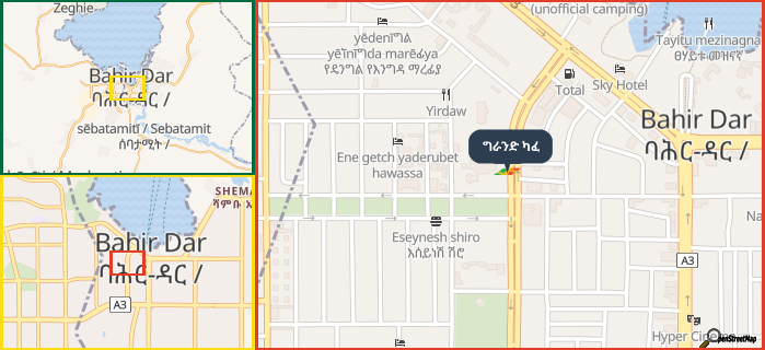Map showing the address of ግራንድ ካፈ in three different zoom levels.