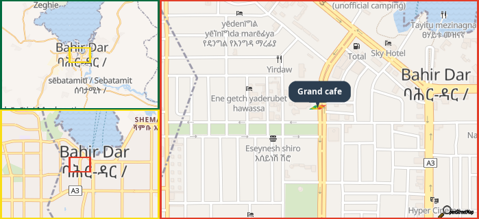 Map showing the address of Grand cafe in three different zoom levels.