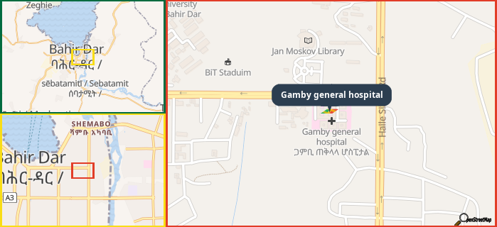 Map showing the address of Gamby general hospital in three different zoom levels.