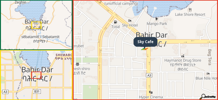 Map showing the address of Sky Cafe in three different zoom levels.