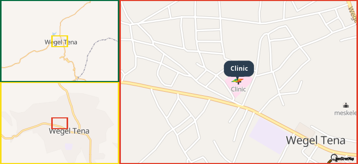 Map showing the address of Clinic in three different zoom levels.