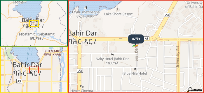 Map showing the address of ሌማት in three different zoom levels.