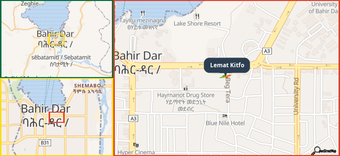 Map showing the address of Lemat Kitfo in three different zoom levels.