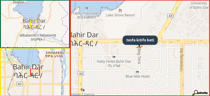 Map showing the address of tesfa kitifo beti in three different zoom levels.