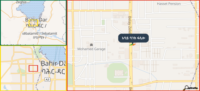 Map showing the address of አባይ ባንክ ፋሲሎ in three different zoom levels.