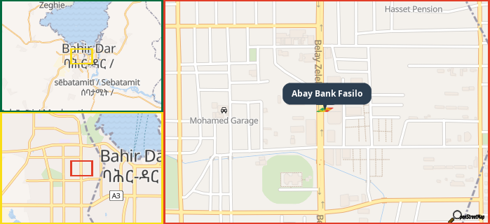 Map showing the address of Abay Bank Fasilo in three different zoom levels.