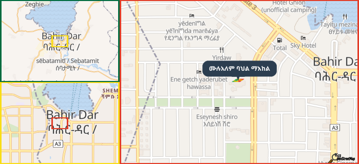 Map showing the address of ሙሉአለም ባህል ማእከል in three different zoom levels.