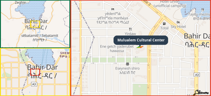 Map showing the address of Mulualem Cultural Center in three different zoom levels.