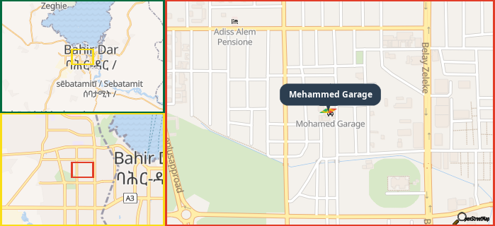 Map showing the address of Mehammed Garage in three different zoom levels.