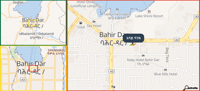 Map showing the address of አባይ ባንክ in three different zoom levels.
