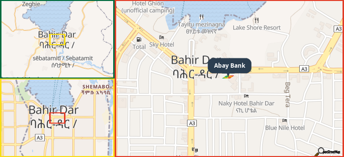 Map showing the address of Abay Bank in three different zoom levels.