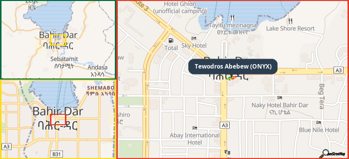 Map showing the address of Tewodros Abebew (ONYX) in three different zoom levels.