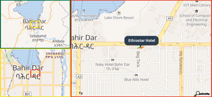 Map showing the address of Ethiostar Hotel in three different zoom levels.