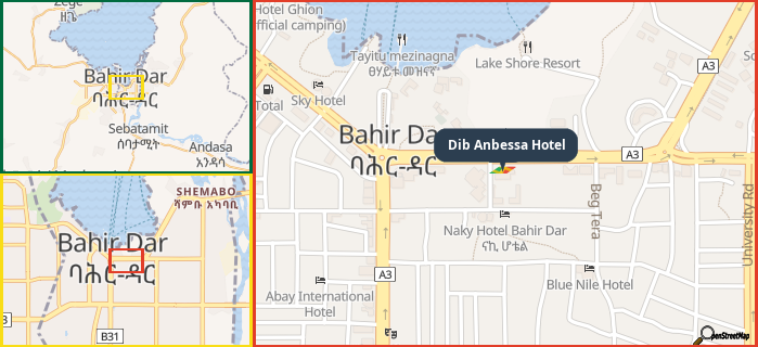 Map showing the address of Dib Anbessa Hotel in three different zoom levels.