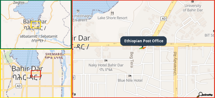Map showing the address of Ethiopian Post Office in three different zoom levels.