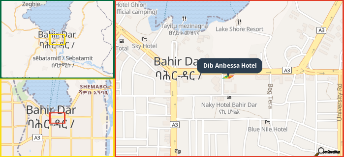 Map showing the address of Dib Anbessa Hotel in three different zoom levels.