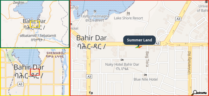 Map showing the address of Summer Land in three different zoom levels.