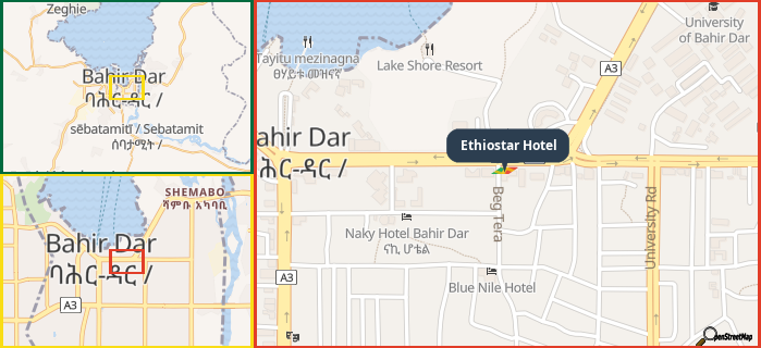 Map showing the address of Ethiostar Hotel in three different zoom levels.