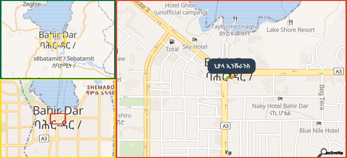 Map showing the address of ኒያላ ኢንሹራንስ in three different zoom levels.