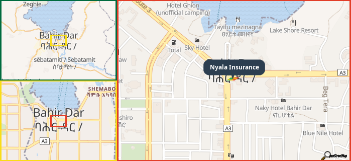 Map showing the address of Nyala Insurance in three different zoom levels.