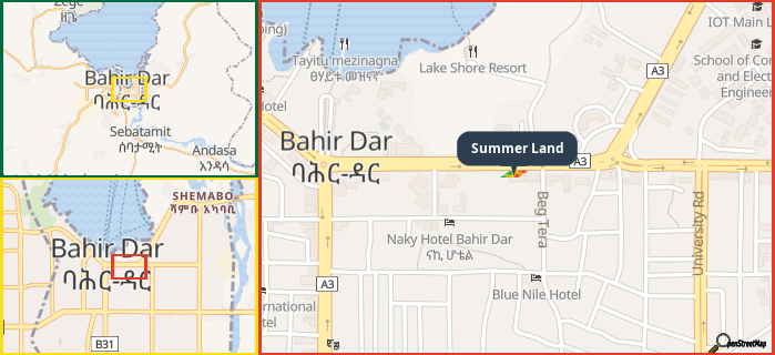Map showing the address of Summer Land in three different zoom levels.