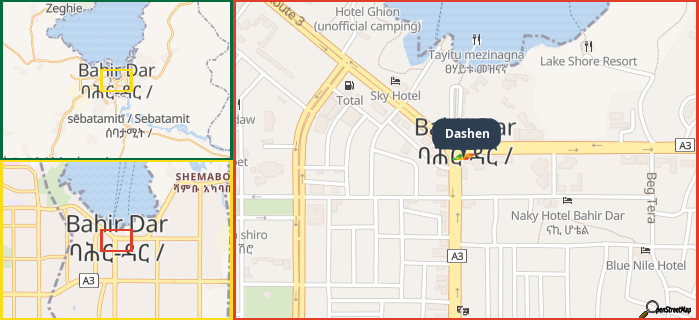 Map showing the address of Dashen in three different zoom levels.