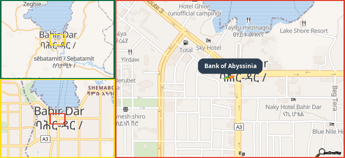 Map showing the address of Bank of Abyssinia in three different zoom levels.