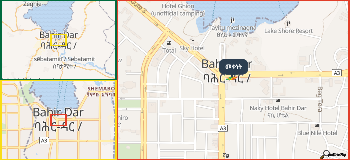 Map showing the address of መቀነት in three different zoom levels.