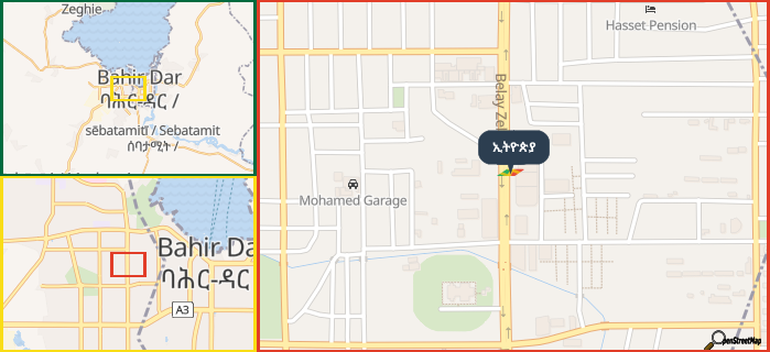 Map showing the address of ኢትዮጵያ in three different zoom levels.