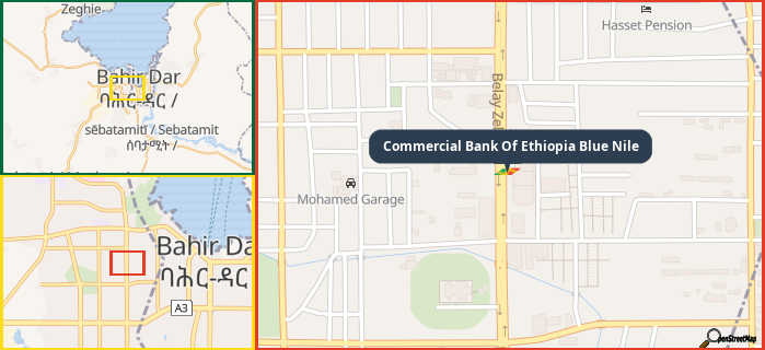 Map showing the address of Commercial Bank Of Ethiopia Blue Nile in three different zoom levels.