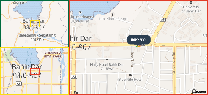 Map showing the address of ዘመን ባንክ in three different zoom levels.