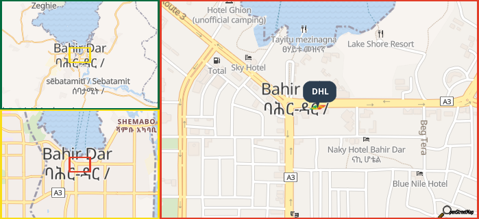 Map showing the address of DHL in three different zoom levels.