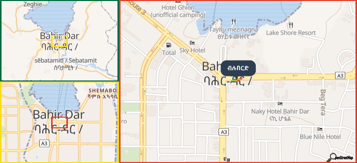 Map showing the address of ብሉበርድ in three different zoom levels.