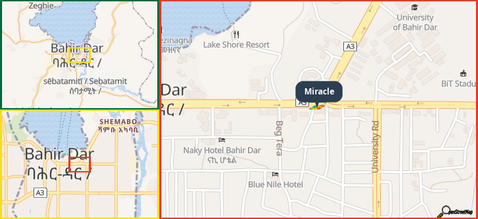 Map showing the address of Miracle in three different zoom levels.