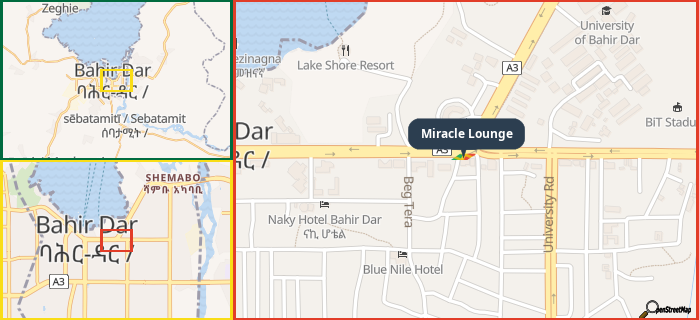 Map showing the address of Miracle Lounge in three different zoom levels.