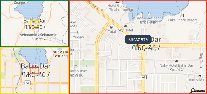 Map showing the address of አቢሲኒያ ባንክ in three different zoom levels.