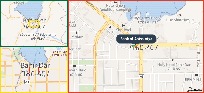 Map showing the address of Bank of Abissiniya in three different zoom levels.