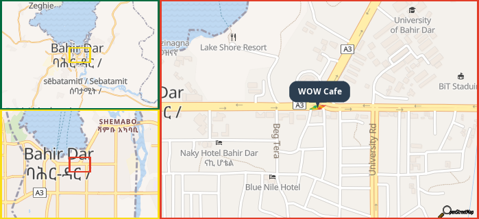 Map showing the address of WOW Cafe in three different zoom levels.