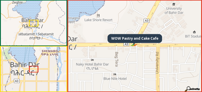 Map showing the address of WOW Pastry and Cake Cafe in three different zoom levels.