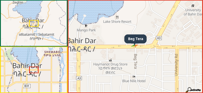 Map showing the address of Beg Tera in three different zoom levels.