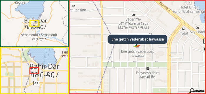 Map showing the address of Ene getch yaderubet hawassa in three different zoom levels.