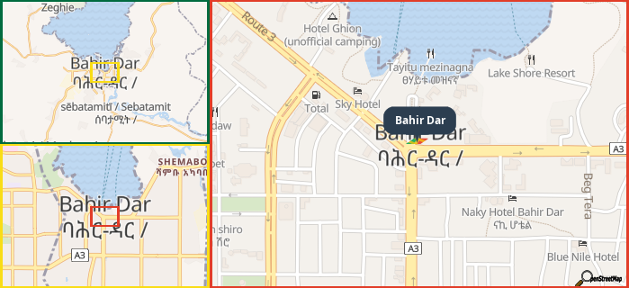 Map showing the address of Bahir Dar in three different zoom levels.