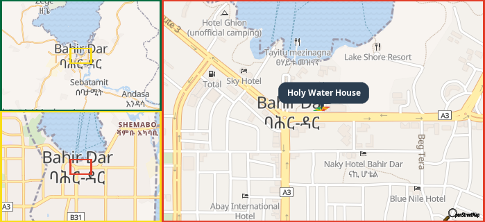 Map showing the address of Holy Water House in three different zoom levels.